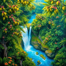 A polished, solid oil-based painting illustrating a full macro aerial view of bright green lush mango trees adorned with colorful flowers in an immersive jungle fantasy