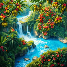 A polished, solid oil-based painting illustrating a full macro aerial view of bright green lush mango trees adorned with colorful flowers in an immersive jungle fantasy