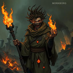 A gritty, dark fantasy illustration of a Mörk Borg pyromaniac