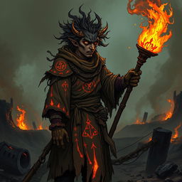 A gritty, dark fantasy illustration of a Mörk Borg pyromaniac