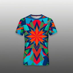 A vibrant and stylish t-shirt featuring a bold graphic design of a colorful geometric pattern