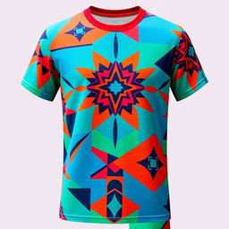 A vibrant and stylish t-shirt featuring a bold graphic design of a colorful geometric pattern