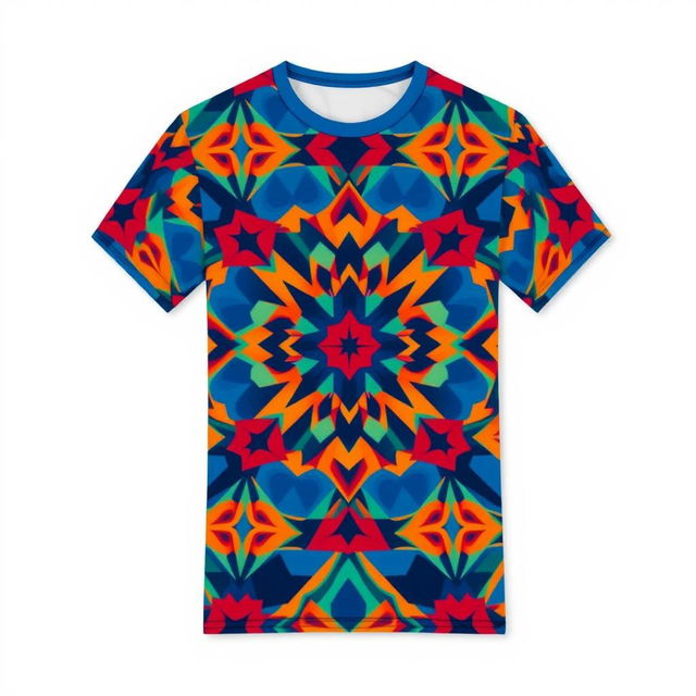 A vibrant and stylish t-shirt featuring a bold graphic design of a colorful geometric pattern