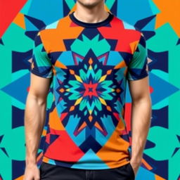 A vibrant and stylish t-shirt featuring a bold graphic design of a colorful geometric pattern