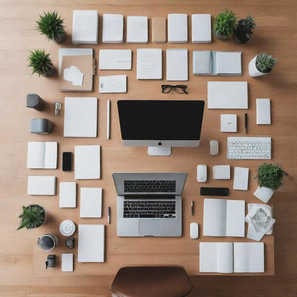 Generate an image of an extremely organized person, surrounded by a meticulously arranged workspace. Everything is in perfect order, from the neatly stacked books, aligned stationary, to the symmetric arrangement of digital devices.