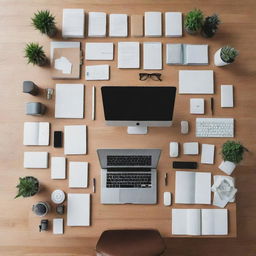 Generate an image of an extremely organized person, surrounded by a meticulously arranged workspace. Everything is in perfect order, from the neatly stacked books, aligned stationary, to the symmetric arrangement of digital devices.