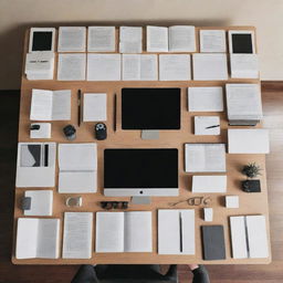 Generate an image of an extremely organized person, surrounded by a meticulously arranged workspace. Everything is in perfect order, from the neatly stacked books, aligned stationary, to the symmetric arrangement of digital devices.