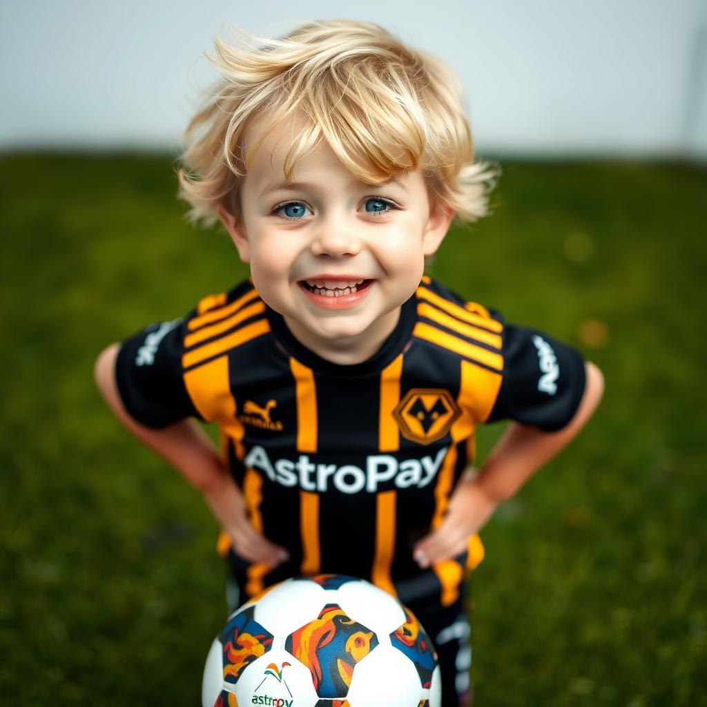 a 6-year-old boy with blonde and yellow hair, large blue eyes, smiling broadly showing his teeth, wearing a Wolverhampton Wanderers football jersey, hands on his hips, a soccer ball at his feet, standing on grass, with the text "AstroPay" in the middle of the jersey