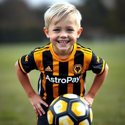 a 6-year-old boy with blonde and yellow hair, large blue eyes, smiling broadly showing his teeth, wearing a Wolverhampton Wanderers football jersey, hands on his hips, a soccer ball at his feet, standing on grass, with the text "AstroPay" in the middle of the jersey