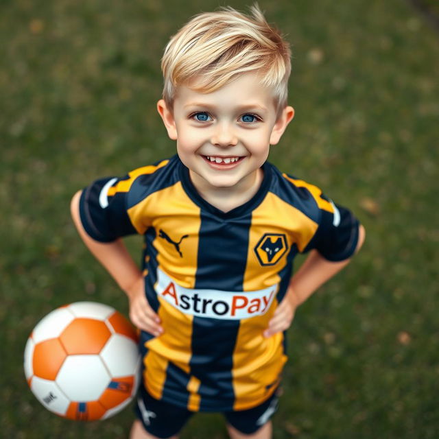 a 6-year-old boy with blonde and yellow hair, large blue eyes, smiling broadly showing his teeth, wearing a Wolverhampton Wanderers football jersey, hands on his hips, a soccer ball at his feet, standing on grass, with the text "AstroPay" in the middle of the jersey