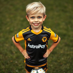 a 6-year-old boy with blonde and yellow hair, large blue eyes, smiling broadly showing his teeth, wearing a Wolverhampton Wanderers football jersey, hands on his hips, a soccer ball at his feet, standing on grass, with the text "AstroPay" in the middle of the jersey