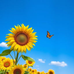 A beautiful and large sunflower standing tall under the bright sun