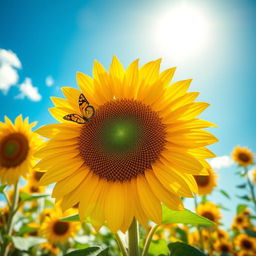 A beautiful and large sunflower standing tall under the bright sun