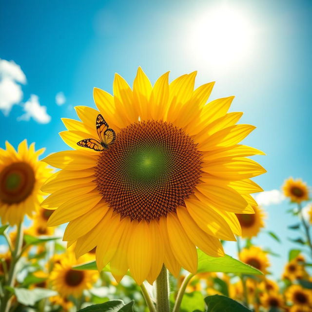 A beautiful and large sunflower standing tall under the bright sun