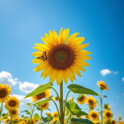 A beautiful and large sunflower standing tall under the bright sun