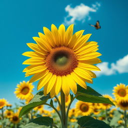 A beautiful and large sunflower standing tall under the bright sun