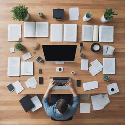 Generate an image of an extremely organized person, surrounded by a meticulously arranged workspace. Everything is in perfect order, from the neatly stacked books, aligned stationary, to the symmetric arrangement of digital devices.