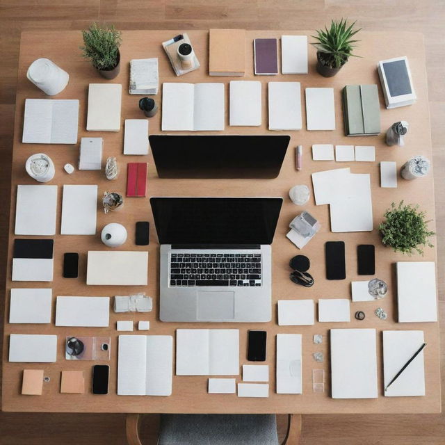 Generate an image of an extremely organized person, surrounded by a meticulously arranged workspace. Everything is in perfect order, from the neatly stacked books, aligned stationary, to the symmetric arrangement of digital devices.