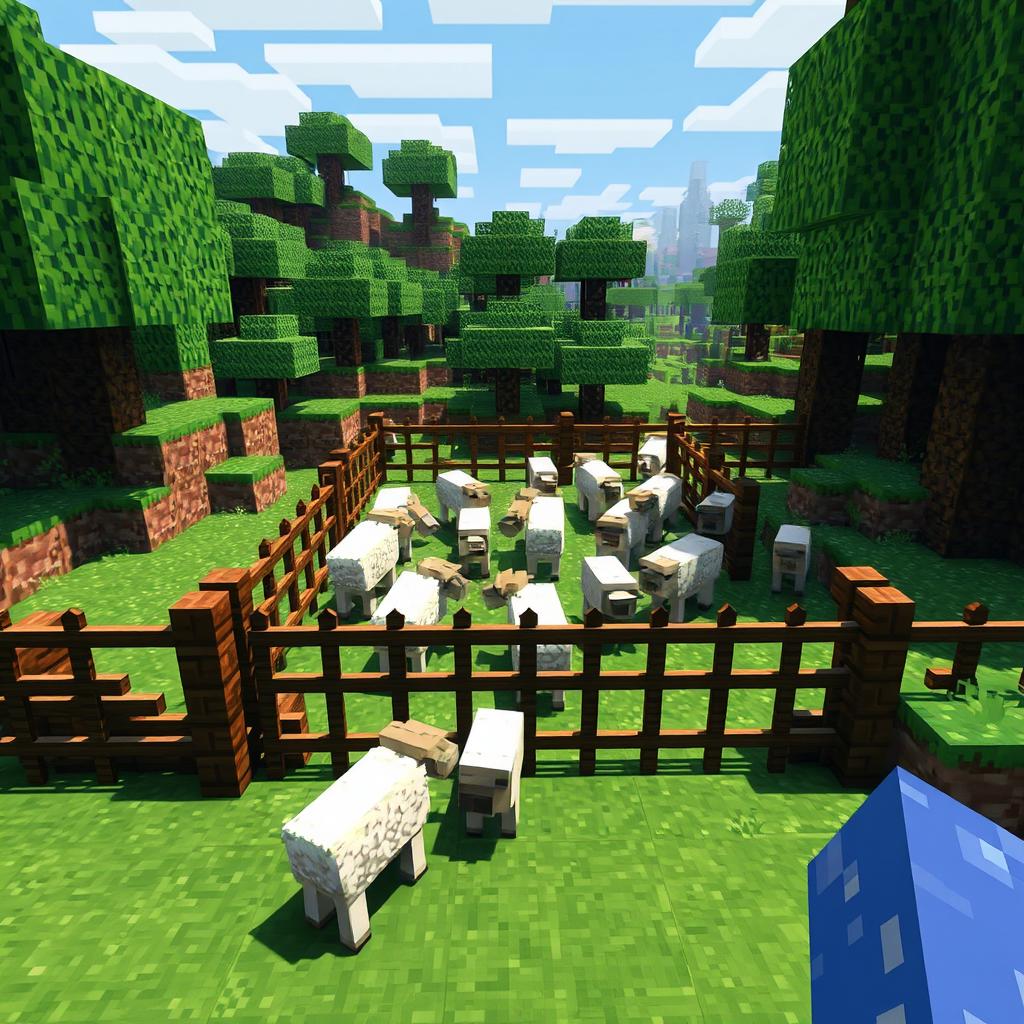 A Minecraft scene showcasing a player struggling to keep sheep inside a pen