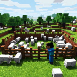 A Minecraft scene showcasing a player struggling to keep sheep inside a pen