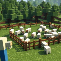 A Minecraft scene showcasing a player struggling to keep sheep inside a pen