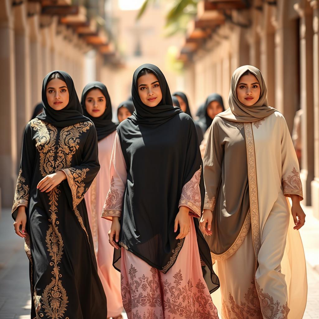 A group of beautiful women dressed elegantly in abayas, exuding confidence and grace