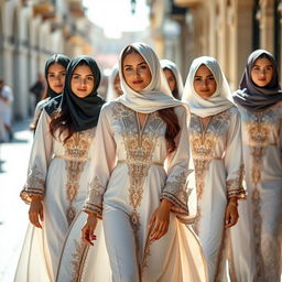 A group of beautiful women dressed elegantly in abayas, exuding confidence and grace