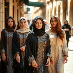 A group of beautiful women dressed elegantly in abayas, exuding confidence and grace