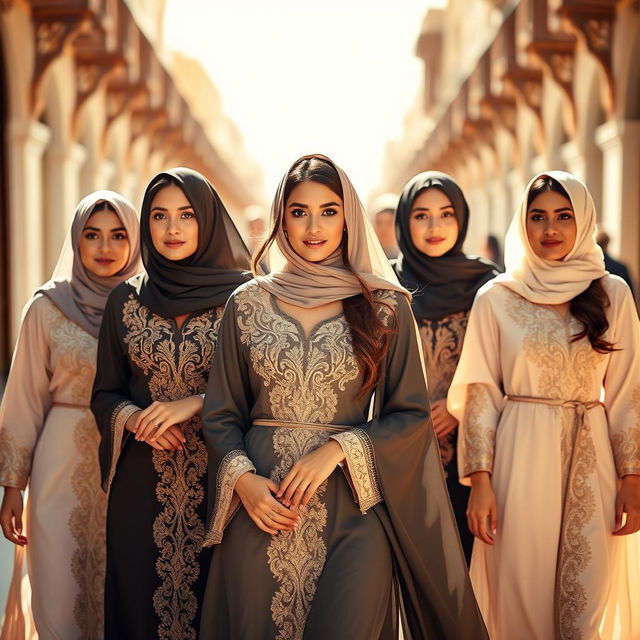 A group of beautiful women dressed elegantly in abayas, exuding confidence and grace