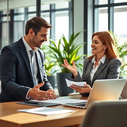 realistic depiction of a man and a woman engaging in a negotiation, showcasing techniques from Neuro-Linguistic Programming (NLP)