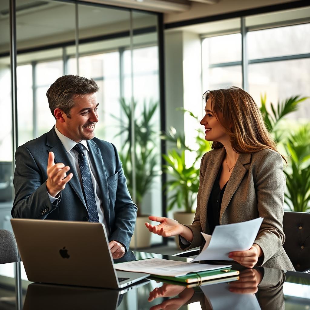 realistic depiction of a man and a woman engaging in a negotiation, showcasing techniques from Neuro-Linguistic Programming (NLP)