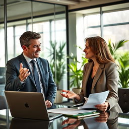 realistic depiction of a man and a woman engaging in a negotiation, showcasing techniques from Neuro-Linguistic Programming (NLP)