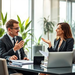 realistic depiction of a man and a woman engaging in a negotiation, showcasing techniques from Neuro-Linguistic Programming (NLP)