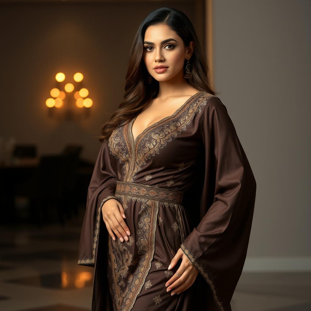 A stunning and attractive woman wearing a beautifully designed abaya which elegantly accentuates her curves, portraying a sense of confidence and allure