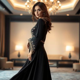 A stunning and attractive woman wearing a beautifully designed abaya which elegantly accentuates her curves, portraying a sense of confidence and allure