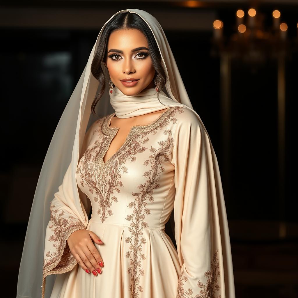 A stunning and attractive woman wearing a beautifully designed abaya which elegantly accentuates her curves, portraying a sense of confidence and allure