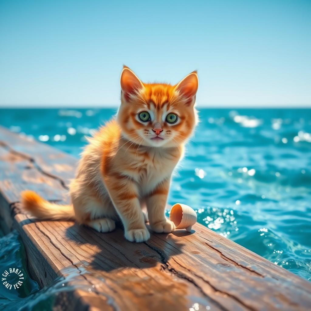 A cute cat sitting on a wooden plank, surrounded by blue ocean waves, with bright sunlight reflecting on the water