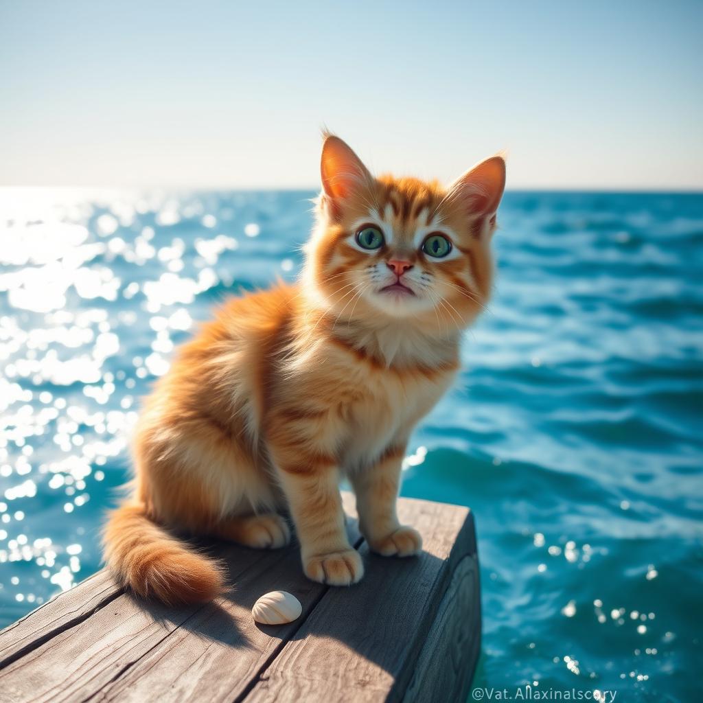 A cute cat sitting on a wooden plank, surrounded by blue ocean waves, with bright sunlight reflecting on the water