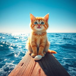 A cute cat sitting on a wooden plank, surrounded by blue ocean waves, with bright sunlight reflecting on the water