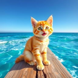 A cute cat sitting on a wooden plank, surrounded by blue ocean waves, with bright sunlight reflecting on the water