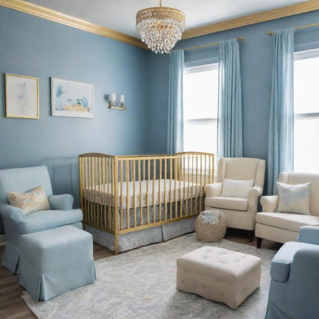 A charming baby nursery with a blue and gold color scheme. It features everything essential including a crib, a changing table, and comfortable seating, all embracing the comforting colors of azure blue and resplendent gold.