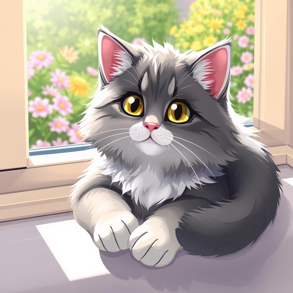 Illustration of a cute, fluffy cat with bright, expressive eyes, relaxing comfortably on a sunny windowsill