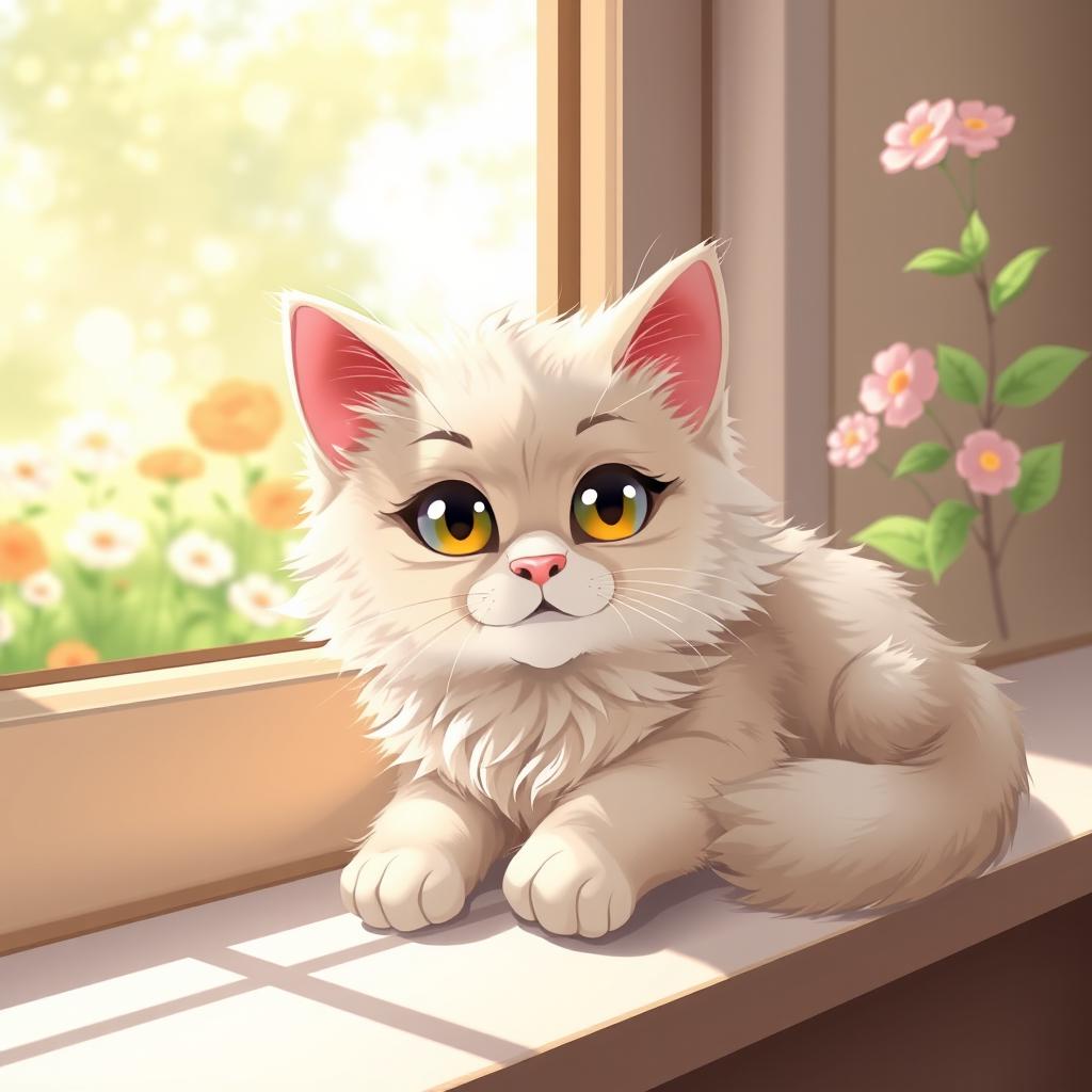 Illustration of a cute, fluffy cat with bright, expressive eyes, relaxing comfortably on a sunny windowsill