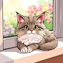 Illustration of a cute, fluffy cat with bright, expressive eyes, relaxing comfortably on a sunny windowsill