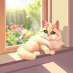 Illustration of a cute, fluffy cat with bright, expressive eyes, relaxing comfortably on a sunny windowsill