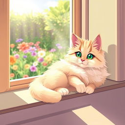 Illustration of a cute, fluffy cat with bright, expressive eyes, relaxing comfortably on a sunny windowsill