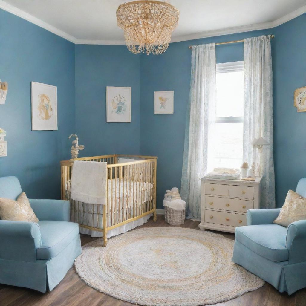 A charming baby nursery with a blue and gold color scheme. It features everything essential including a crib, a changing table, and comfortable seating, all embracing the comforting colors of azure blue and resplendent gold.