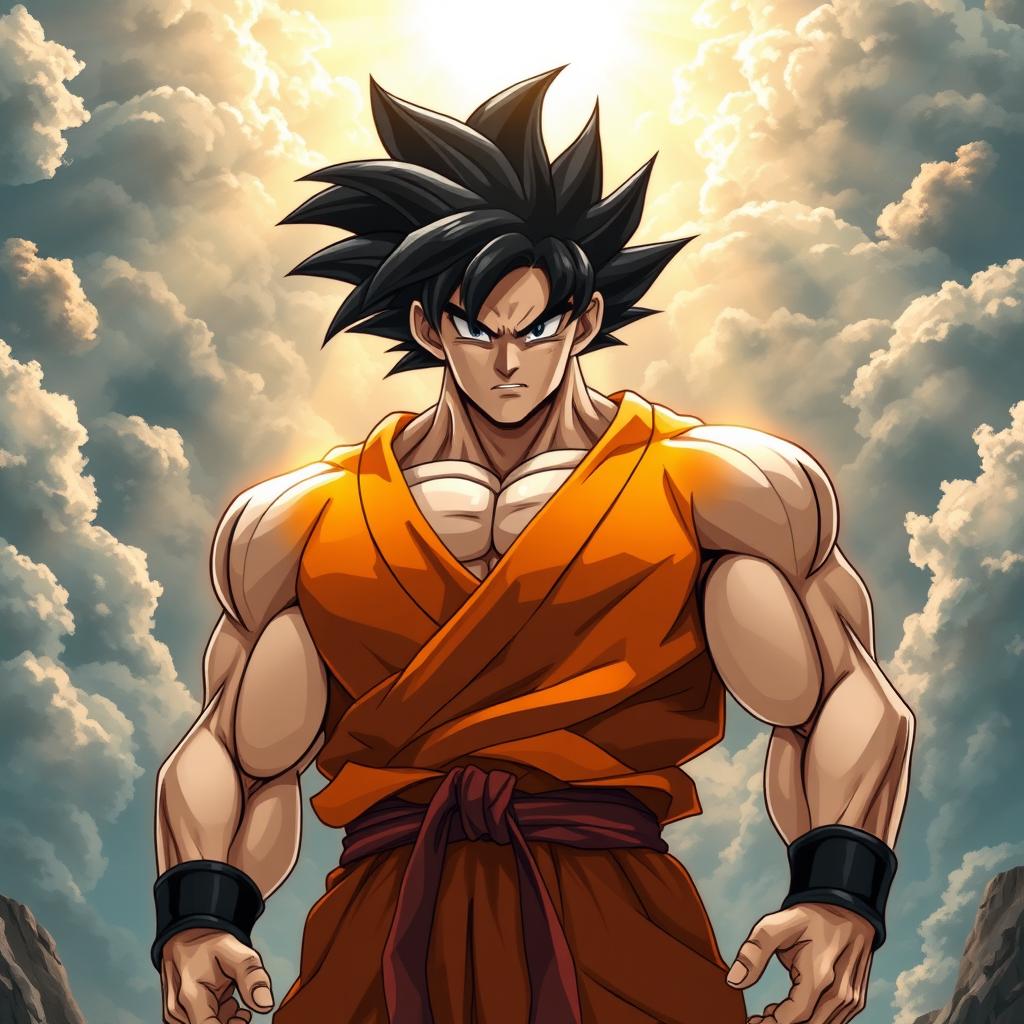 A powerful, muscular warrior with spiky black hair and an orange gi, standing in a heroic pose