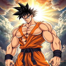 A powerful, muscular warrior with spiky black hair and an orange gi, standing in a heroic pose