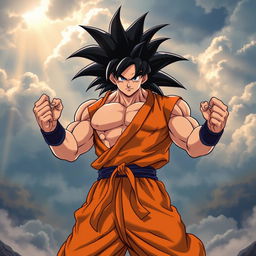 A powerful, muscular warrior with spiky black hair and an orange gi, standing in a heroic pose